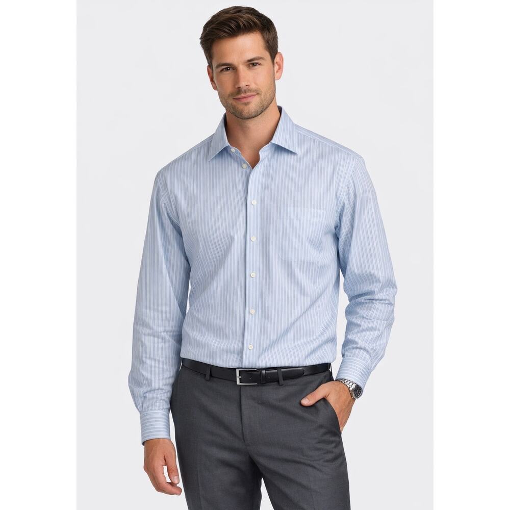 Mens Pronto Uomo Light Blue Pinstripe Dress Shirt Size 18 34/35 Non Iron Button